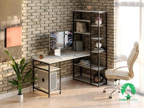 Кутовий комп'ютерний стіл лофтовий зі стелажем із ДСП Бетон, 1200 F-56BL 1600x600AL фото